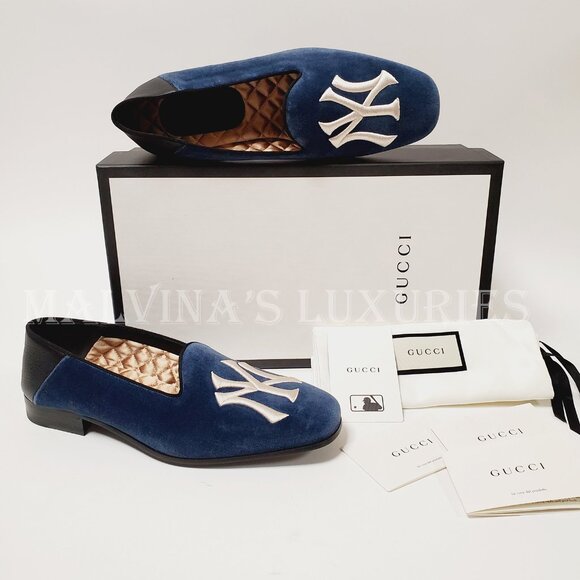 GUCCI SHOES MENS NY YANKEES INSIGNIA BLUE VELVET LOAFERS - Picture 2 of 14
